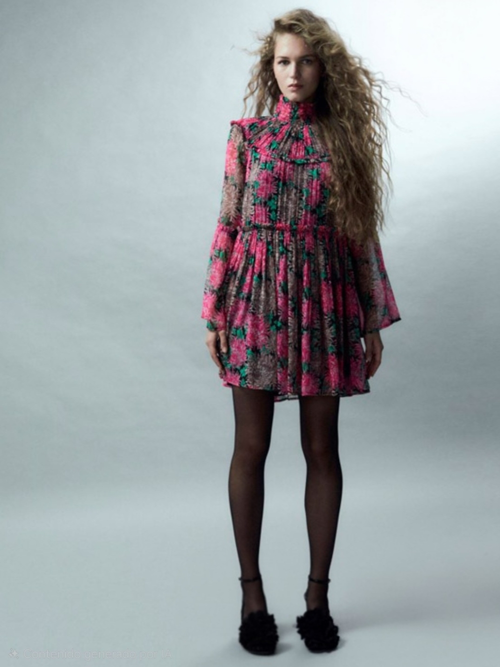 Sfera Floral Chiffon Mini Dress long sleeves Mock-Neck Whimsigoth Boho Romantic